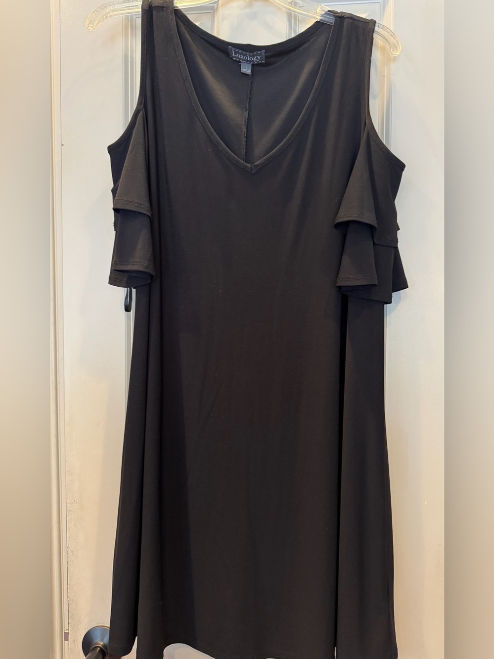 Luxology Black Cold-Shoulder V-Neck Ruffle Dress